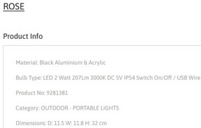 Lampa LED portabila iluminat exterior decorativ ROSE negru