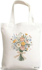 Sacosa de Panza pentru Cumparaturi, Geanta Tote, model Flowers 22 38 x 34.5 cm, Alba, BEKZ®