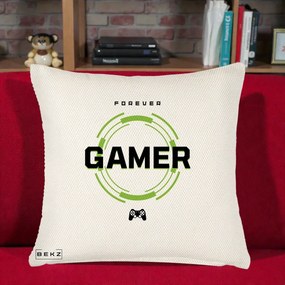 Perna Personalizata Forever Gamer, 40x40 cm, Crem Reliefat, Husa Detasabila, Perna Inclusa, BEKZ®
