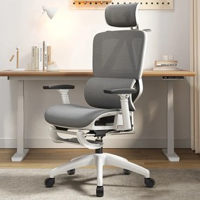 Scaun ergonomic, suport lombar dinamic, tetieră 3D, cotiere 3D, umeras, suport picioare, Mesh, Alb/Gri