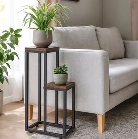 Suport pentru flori Loft - suport metalic pentru flori cu 2 rafturi și decor din lemn