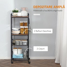 HOMCOM Cărucior Bucătărie cu 2 Coșuri Metalice Detașabile, Rafturi PAL, Cârlige Laterale, 40x38x111cm, Nuc | Aosom Romania