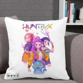 Perna Personalizata K-pop HUNTRX Trio Foto cu Pisica, 40x40 cm, Alba Mata, Husa Detasabila, Perna Inclusa, BEKZ®