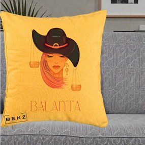 Perna Personalizata Zodiac Balanta Cowgirl, 40x40 cm, Galben, Husa Detasabila, Perna Inclusa, BEKZ®