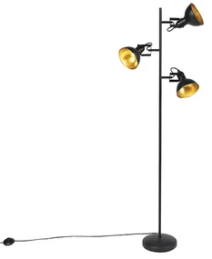 Lampă de podea industrială neagră cu auriu 3 lumini - Tommy
