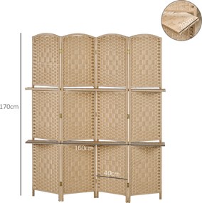 HOMCOM Paravan Interior Pliabil cu 4 Panouri și Rafturi, 160x1,6x170 cm, Natural | Aosom Romania