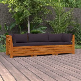 Canapea de gradina cu 3 locuri, cu perne, lemn masiv de acacia Morke gra, 2x colt + mijloc, 1