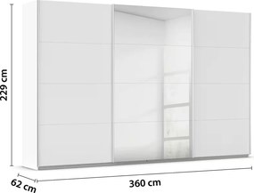 Dressing 360 cm lățime, 3 uși glisante, oglindă pe mijloc, culoare albă, material PAL, compartimentare premium, înălțime 229 cm