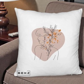 Perna Decorativa Femeie cu Flori Line Art Boho, 40x40 cm, Alb Pufos, Husa Detasabila, Perna Inclusa, BEKZ®