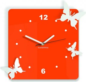 SENTOP | Ceas de perete modern din plastic - Fluturi, Culoare: portocaliu, alb, Dimensiune: 30x30 cm