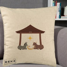 Perna Decorativa Ieslea din Betleem cu Iesle Asin si Bou, 40x40 cm, Bej, Husa Detasabila, Perna Inclusa, BEKZ®