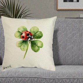 Perna Decorativa Buburuza Norocoasa pe Trifoi cu Patru Foi, 40x40 cm, Ecru, Husa Detasabila, Perna Inclusa, BEKZ®