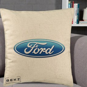 Perna Personalizata cu emblema Ford, 40x40 cm, Bej, Husa Detasabila, Perna Inclusa, BEKZ®