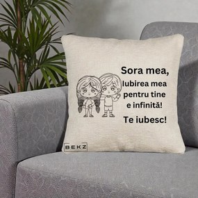 Cadou pentru Sora - Perna Personalizata Sora Mea Te Iubesc Copii Anime Line Art, 40x40 cm, Bej Canapea, Husa Detasabila, Perna Inclusa, BEKZ®