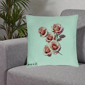 Perna Decorativa Trandafiri Roz Pastel Acuarela, 40x40 cm, Verde Menta, Husa Detasabila, Perna Inclusa, BEKZ®