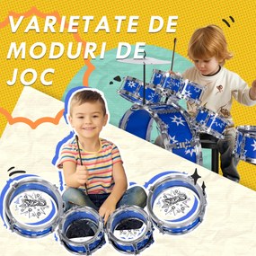 AIYAPLAY Set de Tobe cu Pedală, Tobe Medii și Mici, Ciocan și Scaun pentru Copii de 3-6 Ani, 65x22x57 cm, Albastru | Aosom Romania