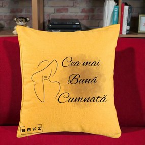Cadou pentru Cumnata - Perna Personalizata Cea mai Buna Cumnata cu Silueta Dama si Pete Violet, 40x40 cm, Galben, Husa Detasabila, Perna Inclusa, BEKZ®