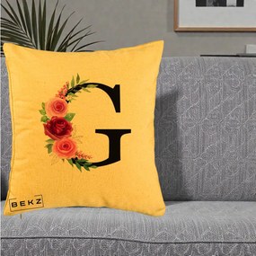 Cadou Personalizat - Perna Personalizata Monograma Florala Litera G, 40x40 cm, Galben, Husa Detasabila, Perna Inclusa, BEKZ®