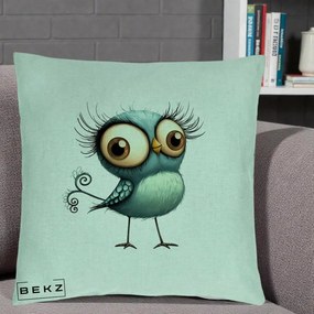 Perna Decorativa Pasare Teal cu Gene si Coada Spiralata, 40x40 cm, Verde Menta, Husa Detasabila, Perna Inclusa, BEKZ®