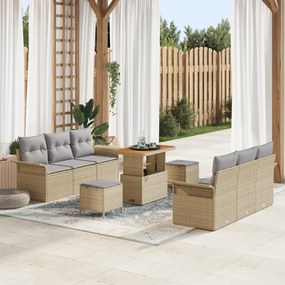vidaXL Set de canapea de grădină cu 9 piese și perne, bej, din rattan poliester și acacia.