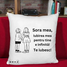 Cadou pentru Sora - Perna Personalizata Sora Mea Te Iubesc Copii Tinand Maini Line Art, 40x40 cm, Alb Pufos, Husa Detasabila, Perna Inclusa, BEKZ®