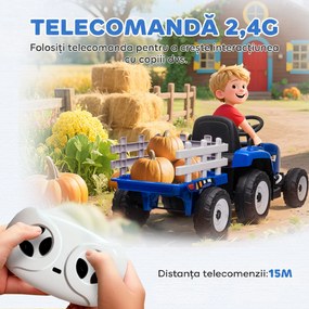HOMCOM Tractor Electric pentru Copii cu Remorcă Detașabilă, Telecomandă, Port USB, Muzică și Lumini, 3-6 Ani, Albastru | Aosom Romania