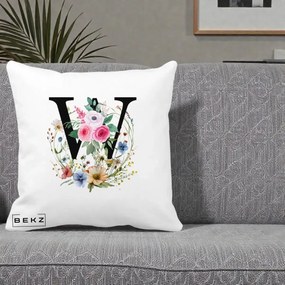 Cadou Personalizat - Perna Personalizata Monograma Florala Litera W, 40x40 cm, Alba Mata, Husa Detasabila, Perna Inclusa, BEKZ®
