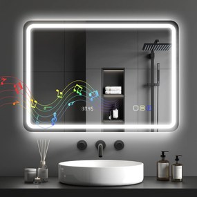 HOMCOM Oglindă de Baie cu LED 70x50 cm cu Bluetooth 3 Culori de Lumină Ceas Digital Funcție Antighear Funcție de Memorie | Aosom Romania
