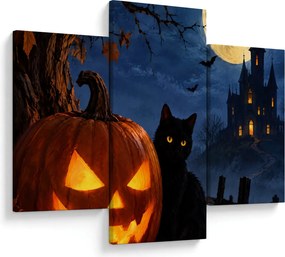 Tablou - Pisică neagră lângă un dovleac luminat de Halloween (90x60 cm)