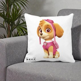Perna Personalizata Skye PAW Patrol Roz, 40x40 cm, Alba Mata, Husa Detasabila, Perna Inclusa, BEKZ®