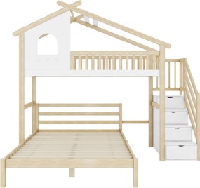 Pat supraetajat 90x200 cm cu scară cu spațiu de depozitare pentru copii, fără saltea, Culoare naturală+Alb