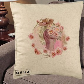 Perna Decorativa Femeie cu Flori Roz Acuarela, 40x40 cm, Bej, Husa Detasabila, Perna Inclusa, BEKZ®