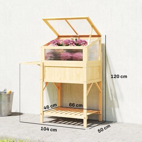 Outsunny Pat înălțat cu capotă pentru mini-seră din lemn jardinieră cu seră pliabilă masă laterală raft lemn natural | Aosom Romania
