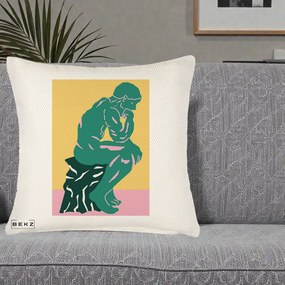 Perna Decorativa Ganditorul Sculptura Pop Art, 40x40 cm, Crem Reliefat, Husa Detasabila, Perna Inclusa, BEKZ®