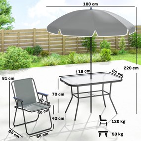 Outsunny Set de Masă de Grădină 8 Piese cu Umbrelă, Set Mobilier Grădină cu 6 Scaune Pliabile, Masă din Sticlă Temperată și Umbrelă pentru Terasă, Gri | Aosom Romania