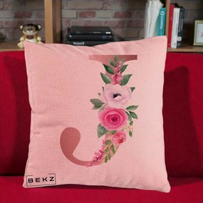 Cadou Personalizat - Perna Personalizata Monograma Rose Gold Litera J, 40x40 cm, Roz, Husa Detasabila, Perna Inclusa, BEKZ®