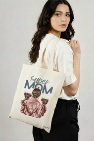 Sacosa de Panza pentru Cumparaturi, Geanta Tote, model Super Mom of Girls, 38x34.5 cm, Alba, BEKZ®