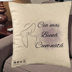 Cadou pentru Cumnata - Perna Personalizata Cea mai Buna Cumnata cu Silueta Dama si Pete Violet, 40x40 cm, Bej, Husa Detasabila, Perna Inclusa, BEKZ®