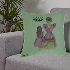 Cadou pentru Mama - Perna Personalizata Love Mom Rochii Roz, 40x40 cm, Verde, Husa Detasabila, Perna Inclusa, BEKZ®