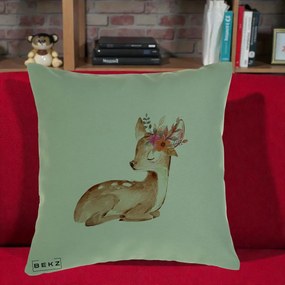 Perna Decorativa Caprioara cu Flori in Coama, 40x40 cm, Verde, Husa Detasabila, Perna Inclusa, BEKZ®