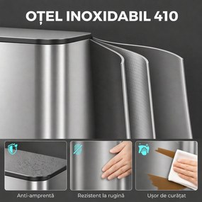 HOMCOM Pubelă de bucătărie dreptunghiulară 30L din oțel inoxidabil, cu închidere silențioasă și găleată detașabilă, argintie | Aosom Romania
