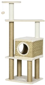 PawHut Arbore pentru pisici zgârduie sisal natural cuib platforme joc bile suspendate pluș scurt înălțime 128 cm bej | Aosom Romania