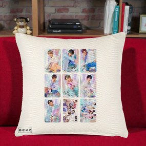 Perna Personalizata K-pop BTS Colaj 9 Fotografii Autografe Individual, 40x40 cm, Crem Reliefat, Husa Detasabila, Perna Inclusa, BEKZ®