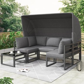 Set de mobilier de grădină din 4 piese, canapea cu trei locuri cu marchiză, 2 fotolii individuale și măsuță de cafea, Gri
