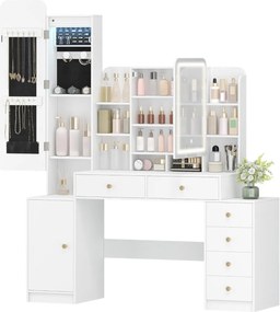 SEA7 - Set Masa toaleta 140 cm, 6 Sertare, rafturi, Oglinda cu LED, Organizator Bijuterii, masuta vanity, make-up, Design Unic - Alb - Auriu