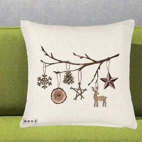 Perna Decorativa Ornamente de Lemn pe Ramura, 40x40 cm, Crem Reliefat, Husa Detasabila, Perna Inclusa, BEKZ®