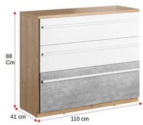 Comoda Piano Cu 3 Sertare, Stejar Nash, Alb Si Beton, 110 Cm