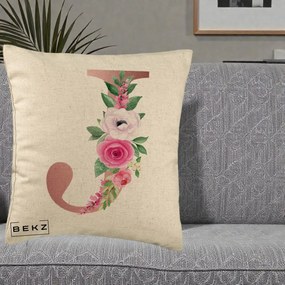 Cadou Personalizat - Perna Personalizata Monograma Rose Gold Litera J, 40x40 cm, Bej, Husa Detasabila, Perna Inclusa, BEKZ®