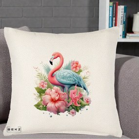 Perna Decorativa Flamingo cu Hibiscus Tropical, 40x40 cm, Crem Reliefat, Husa Detasabila, Perna Inclusa, BEKZ®
