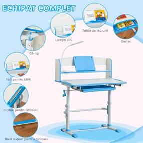 HOMCOM Set Masă și Scaun pentru Copii 6-12 Ani Reglabile pe Înălțime și Blat Înclinabil 45°, 80x54,5x82-104 cm, Albastru | Aosom Romania